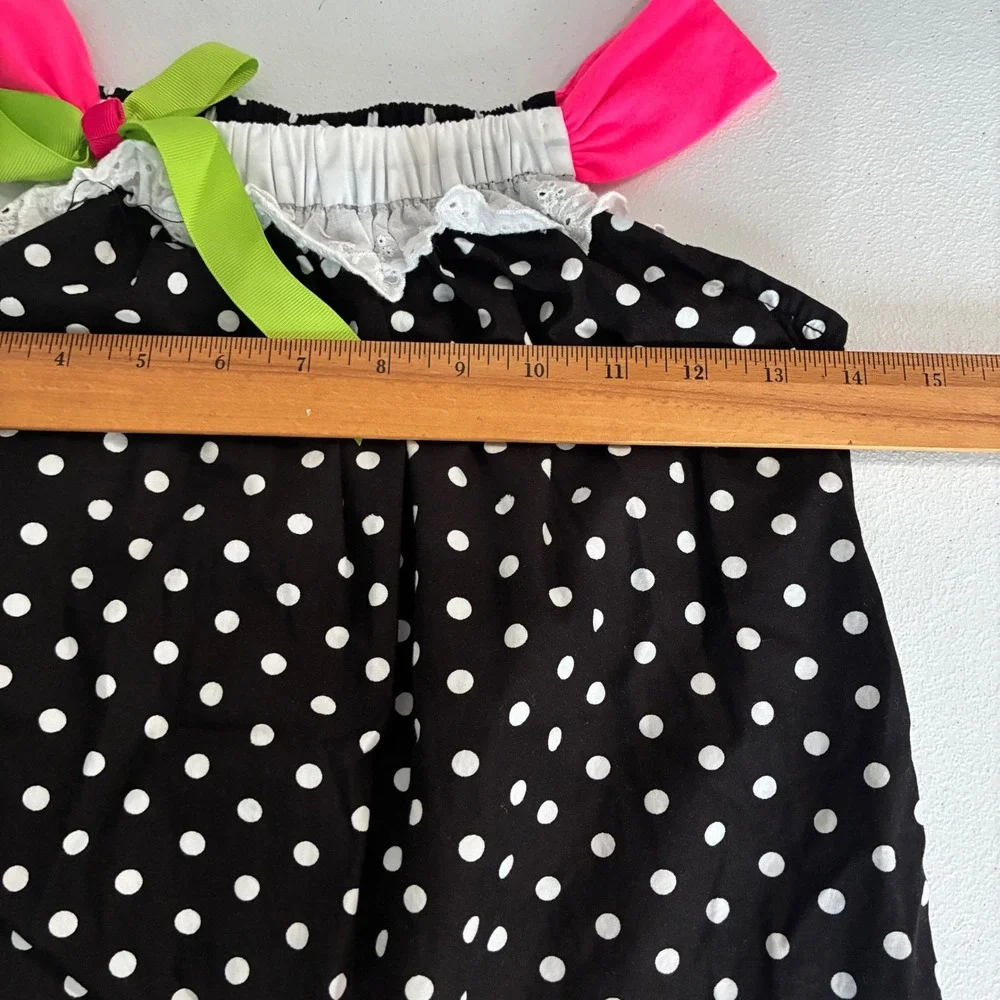 Rare Editions‎ Polka Dot Dress Girls 6 Black Pink Owl Applique Neon Whimsical